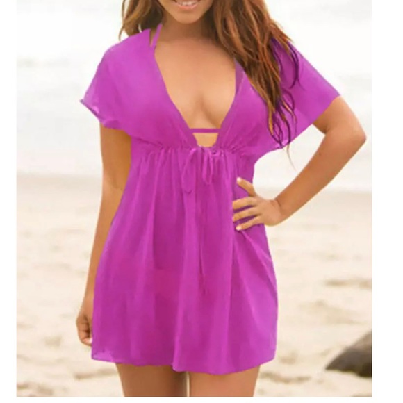 Deep V-neck Bikini Cover Up Plum Purple - Picture 6 of 8